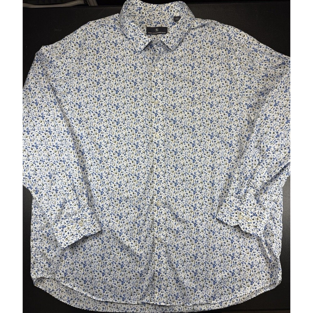 Hart Schaffner Marx Blue White Floral Long Sleeve Cotton Button Up Shirt XXL